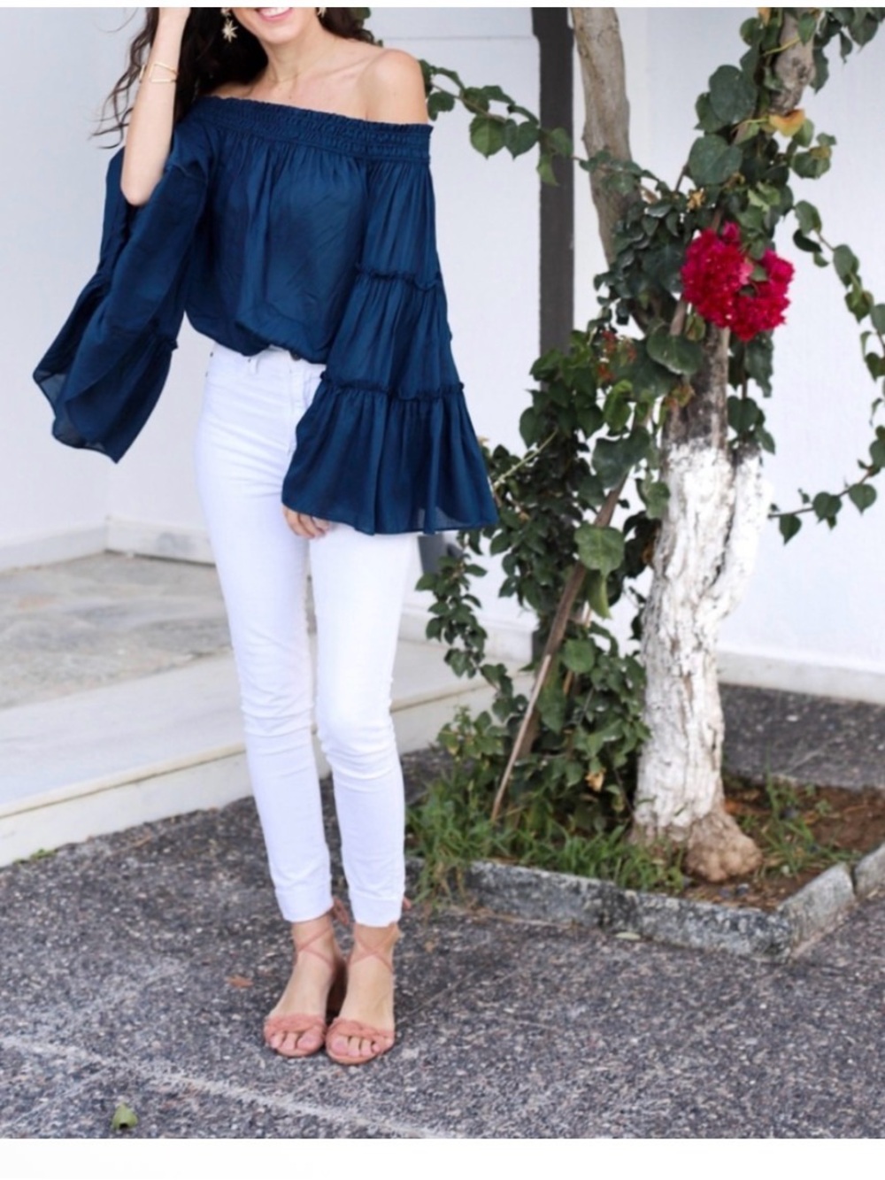 Free People Off Shoulder Peasant Top XS Navy Boho Bell Sleeve Blouse
